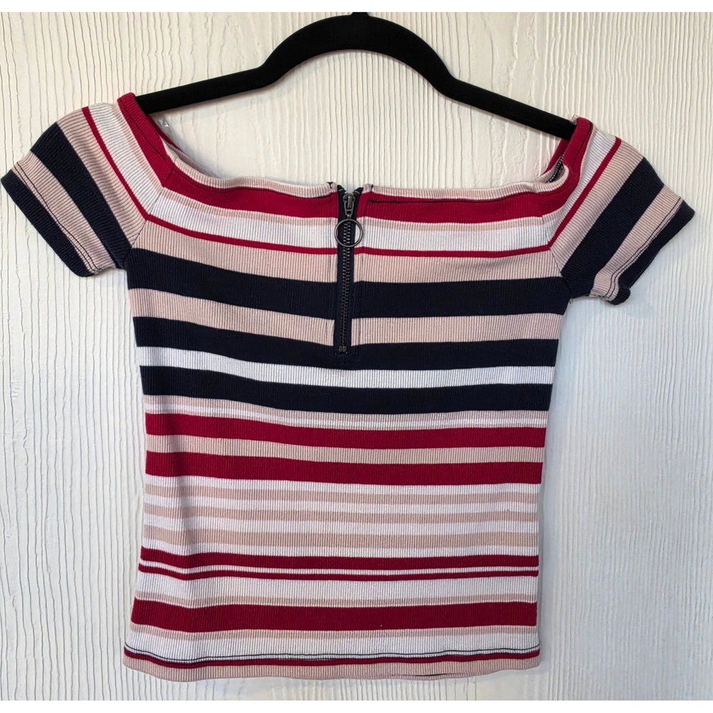 Aeropostale Off The Shoulder Striped Quarter Zip Baby Tee Crop Top M Y2K Retro